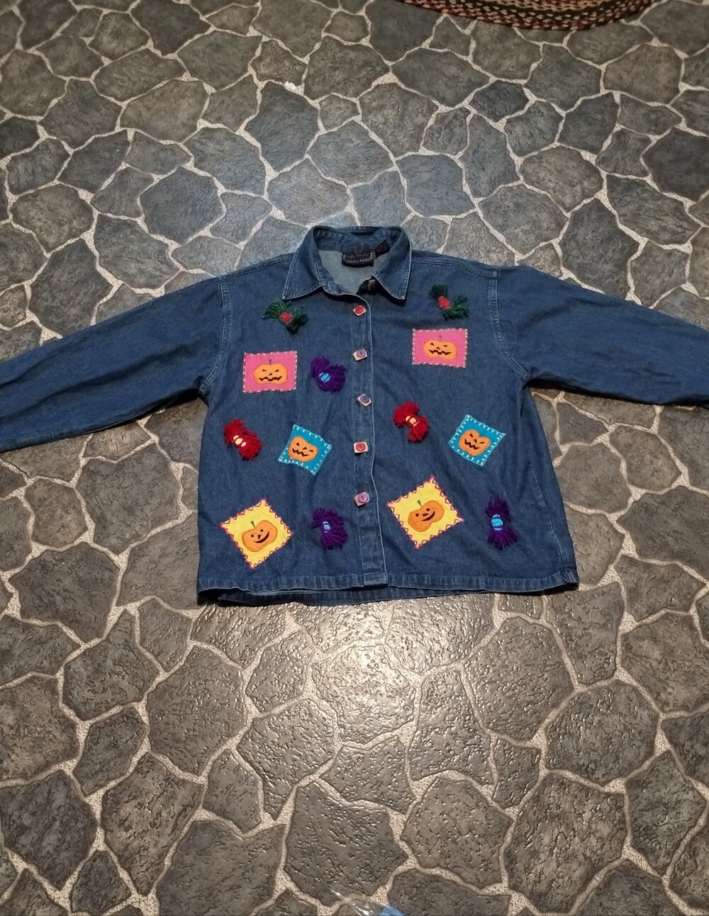 Life Style women's Halloween Denim Button up shirt patchwork Size L VINTAGE